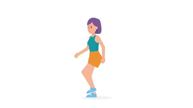 A minimalist 2D vector graphic animation of a young woman with purple hair wearing a teal tank top and orange shorts, dancing in profile view against a plain white background. Perfect for lifestyle ex