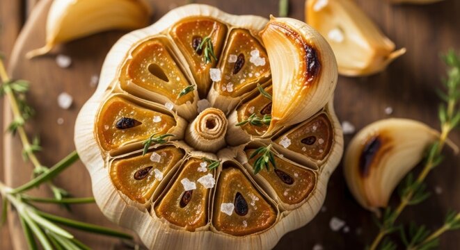 A roasted garlic bulb with cloves and a sprig of rosemary, placed on a wooden surface with a rustic wooden background.