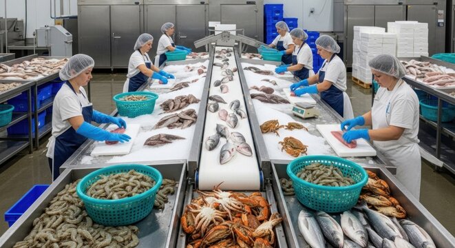 Workers in a seafood processing plant, sorting and cleaning fish and seafood on a conveyor belt.
