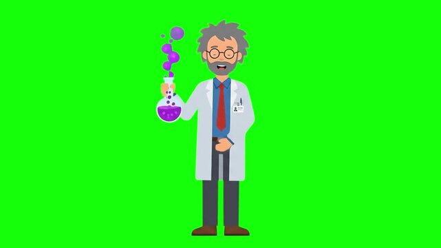 A 2D animated eccentric male scientist holds up a glass laboratory flask with a bubbling, smoking purple liquid. The chroma key green screen background allows for custom background replacements in edu