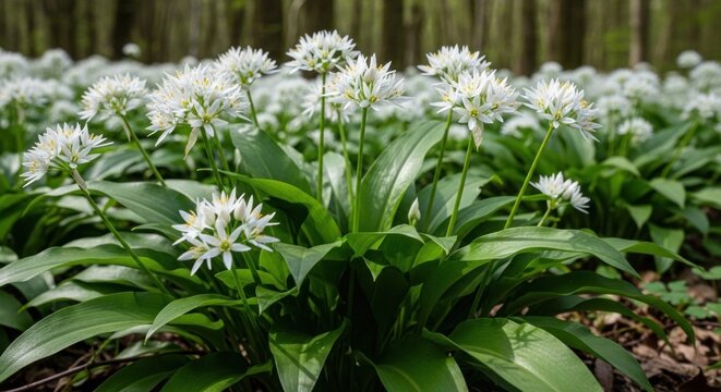 A dense cluster of wild garlic flowers in a forest setting, with green leaves and white flowers.