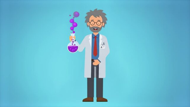 Vector cartoon male scientist in a lab coat and glasses holding a chemical flask with boiling purple liquid and rising smoke bubbles against a blue background. Ideal for chemistry tutorials, school sc