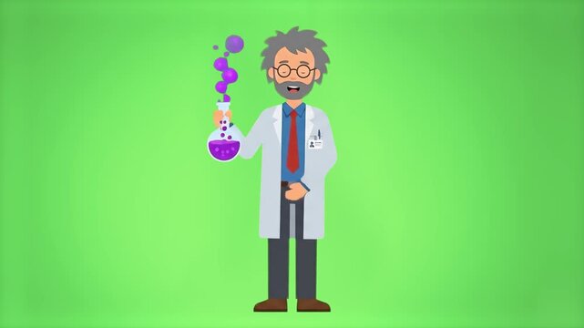 A cheerful 2D vector animation of a male chemist in glasses holding a glass flask with boiling purple liquid and dancing joyfully. Set against a plain light green background.