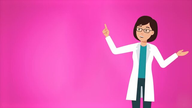 A 2D animated female scientist in glasses and a lab coat stands in place and points upward against a solid pink background. This flat vector loop asset is perfect for academic presentations or healthc