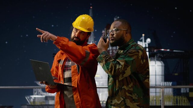 Enforcing blockade protocols, walkie talkie and military man on drilling rig while talking, handheld radio and soldier on offshore platform receives updates on war causing oil crisis.