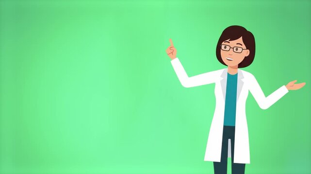 A flat vector animation of a female scientist in a white lab coat pointing her finger upward to highlight a point against a green screen. Designed for educational overlays, medical explainers, and ins
