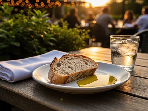 Fresh crusty bread slice dipped in olive oil with a glass of water on a rustic wooden table at sunset