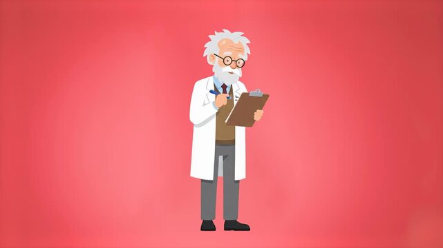 An elderly male scientist or professor with white hair stands in place, takes notes on a clipboard, and ponders. This 2D vector animation is perfect for educational, scientific, or research-themed exp