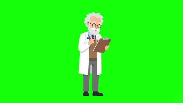 A flat 2D vector animation of an elderly male scientist with a white beard and lab coat holding a clipboard and dancing happily. Isolated on a solid green screen backdrop.
