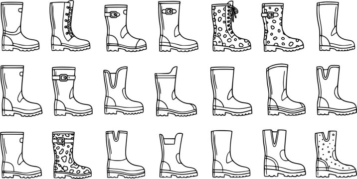 Black and White Line Art Collection of Outdoor, Gardening, and Weather Rain Boots and Work Footwear