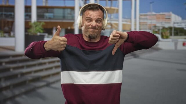 Man wearing headphones shows thumbs up and thumbs down gesture while listening to music in front of modern building with steps and columns; mixed feelings.