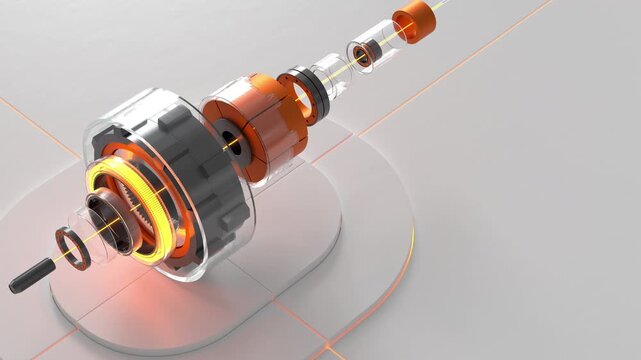 A 4K seamless loop animation featuring a futuristic mechanical core with transparent and metallic parts aligned in an exploded assembly view. Ideal for technology visuals, engineering concepts, produc