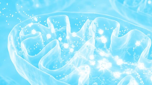 A vibrant purple 3D animated view inside a biological cell showing the folded inner membrane matrix and glowing ATP energy particles. This loop background is optimized for cellular respiration and bio