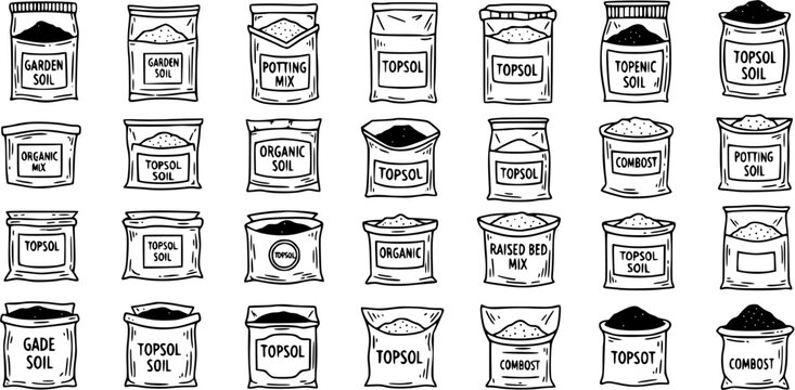 Black and White Line Art of Various Soil Bags for Gardening and Agriculture