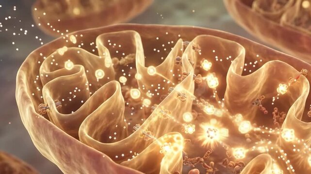 A vibrant purple 3D animated view inside a biological cell showing the folded inner membrane matrix and glowing ATP energy particles. This loop background is optimized for cellular respiration and bio