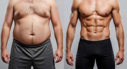 Naklejka premium Before and after body transformation of a man from overweight to muscular fitness showing weight loss and muscle gain results.