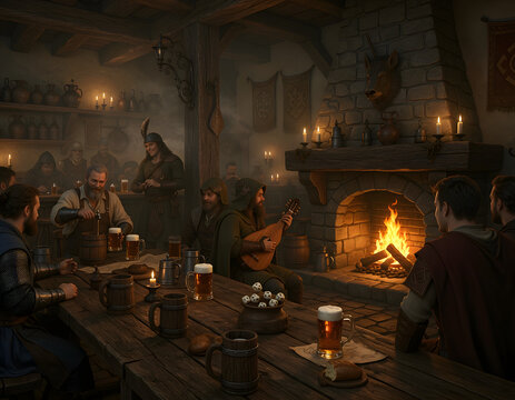 A cozy medieval tavern interior featuring patrons gathering around wooden tables near a warm stone fireplace while a bard plays a lute.