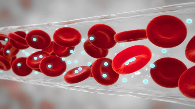 Red blood cells flow through a translucent capillary alongside glowing blue oxygen or glucose spheres. This high-quality medical CGI render is perfect for hematology, anatomy, and cardiovascular syste