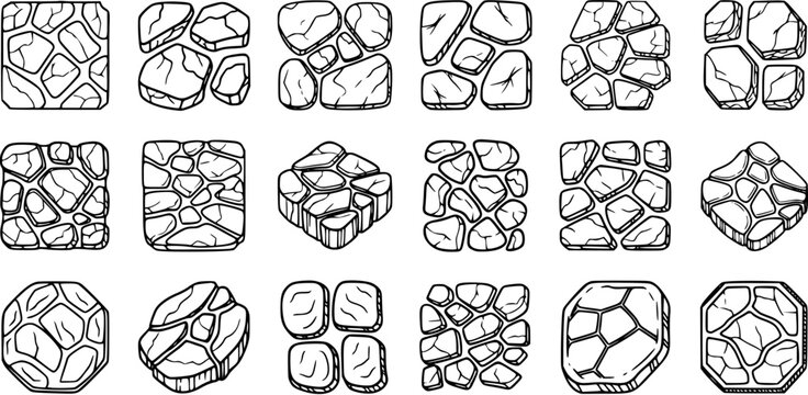 Black and White Line Art Stone Pavement Texture, Vector Game Assets