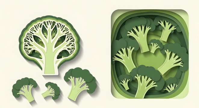 Paper cut style vector illustration of fresh green broccoli structures