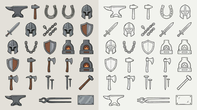 Collection of blacksmithing tools and equipment icons in color and outline versions.