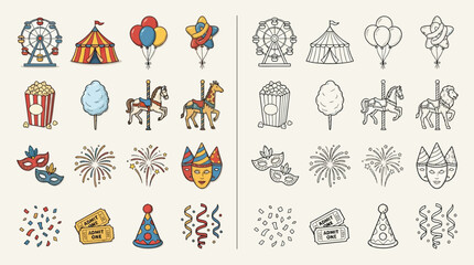 Collection of colorful and outline icons representing a carnival or circus theme. © renender