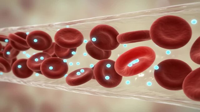 Red blood cells flow through a translucent capillary alongside glowing blue oxygen or glucose spheres. This high-quality medical CGI render is perfect for hematology, anatomy, and cardiovascular syste