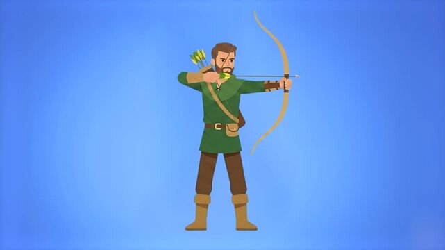 A flat vector character animation featuring a bearded archer drawing his bow string against a gradient light blue backdrop. Great for educational history clips, mobile game promos, and stylized fantas