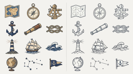 Collection of nautical icons and symbols in vintage style, including a ship, compass, anchor, and lighthouse. © renender