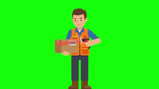 A 2D animated warehouse worker uses a handheld barcode scanner on a package box. The solid chroma key green background provides seamless integration into storage, e-commerce, or postal service videos.