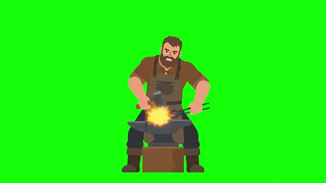 A muscular 3D animated blacksmith wearing a leather apron hits glowing hot iron with a hammer on an anvil, sending sparks flying. This craftsman character is isolated on a chroma key green screen.