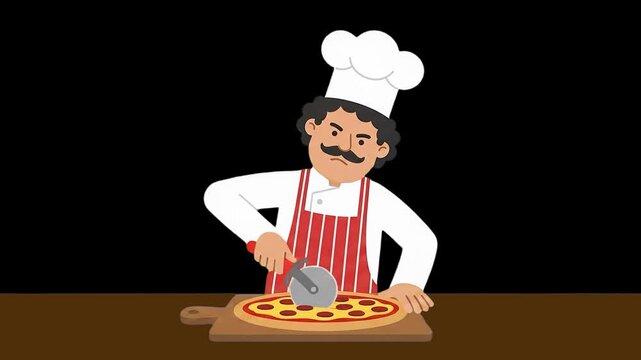 A 2D flat animation of a male Italian chef with a mustache and chef hat slicing a freshly baked pizza with a roller cutter. Isolated on a solid black background, this character clip is excellent for r
