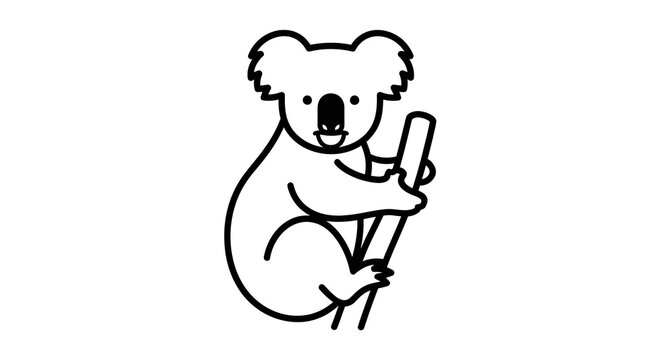 Cute koala bear line art illustration clinging to a tree branch. Simple black and white vector graphic design for wildlife projects.