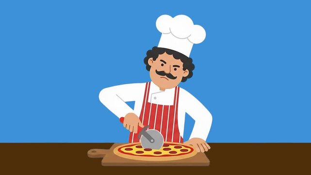 A 2D animated male chef in traditional uniform slices a pizza on a wooden board against a solid blue sky backdrop. Perfectly optimized for food delivery services, restaurant commercials, and cooking e