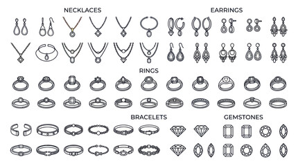 Fototapeta premium Hand-Drawn Jewelry Collection: Necklaces, Earrings, Rings, Bracelets & Gemstones