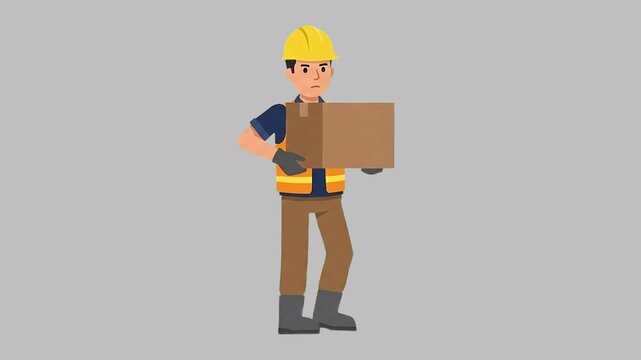A 2D animated logistics worker or construction laborer carries a cardboard box against a neutral grey backdrop. Ideal for corporate training videos, explainer animations, and presentation graphics.