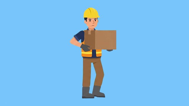 A flat vector animated character of a construction or delivery worker carrying a package against a solid blue studio backdrop. Perfect for e-commerce shipment explainers, supply chain videos, and corp