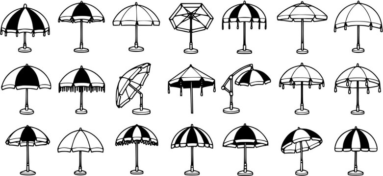 Black and White Line Art Icons of Various Umbrellas and Parasols