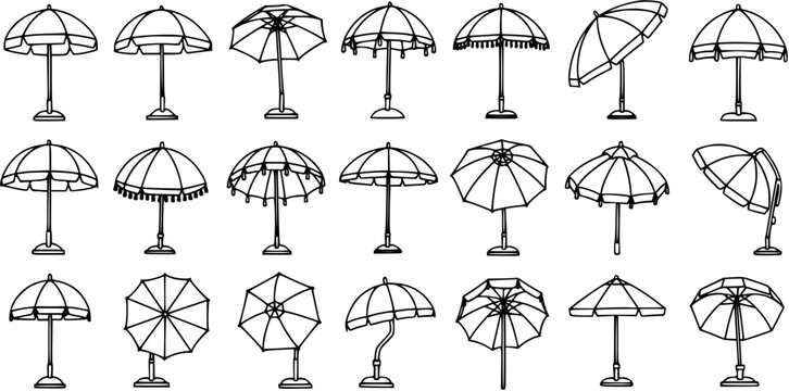 Black and White Line Art Vector Collection of Diverse Umbrellas and Parasols