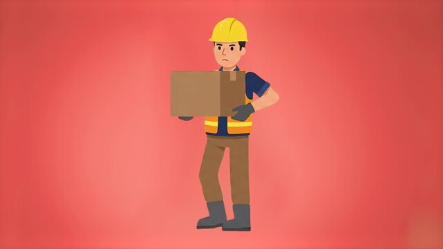 A 2D animated worker or courier in a yellow hard hat and safety vest stands holding a large cardboard box package against a red gradient background. This flat design asset is ideal for logistics, deli
