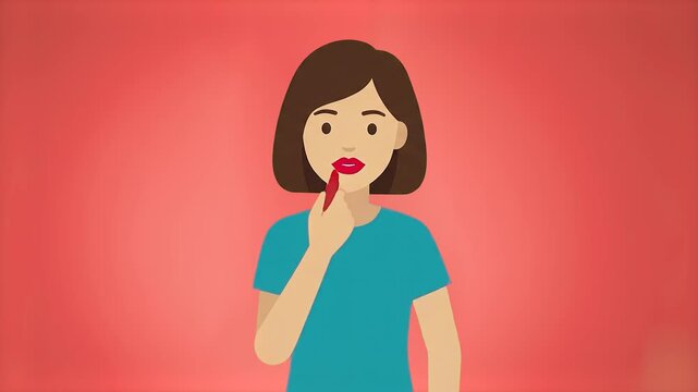 A 2D flat animation showing a close-up of a young woman applying red lipstick against a solid pink background. Suitable for beauty tutorials, cosmetics marketing, and self-care content.