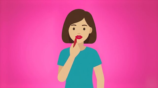 A flat design animated sequence featuring a stylized woman applying makeup to her lips against a bright pink studio background. Ideal for social media beauty tips, cosmetic brand advertising, and fash