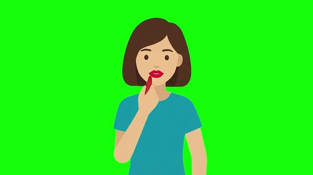 A 2D flat vector animation of a brunette woman applying vibrant red lipstick to her lips against a solid green screen backdrop. Designed for beauty tutorials, cosmetic industry marketing, and fashion 