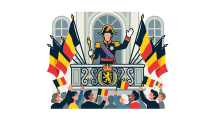 Obraz premium Belgian King Waving to Crowd With Flags, Royal Celebration Illustration