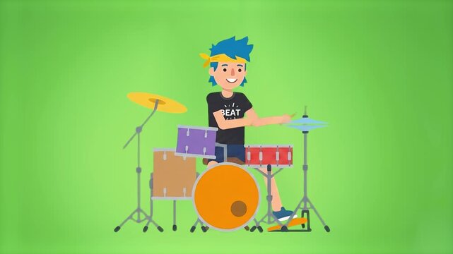 A flat vector animation of a blue-haired teen musician playing a drum set against a chroma key green screen background. Perfect for visual effects compositing in music videos, educational content, and