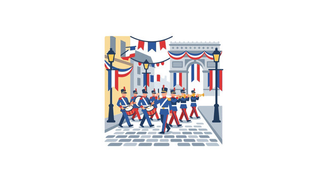 French Military Parade at Arc de Triomphe with Flags and Marching Band