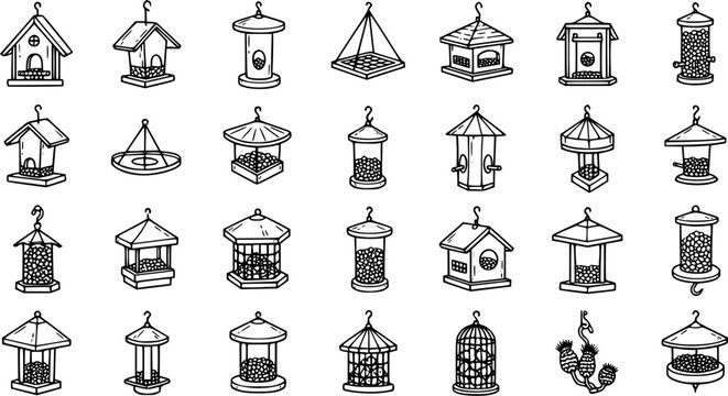 Black and White Line Art of Various Bird Feeders, Garden and Wildlife Design Elements
