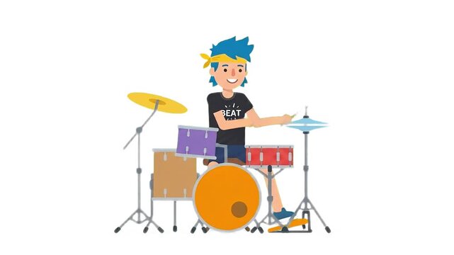 A vibrant 2D flat animation of a young male drummer with blue hair enthusiastically playing a full drum kit. Great for music education, band promotions, or youthful creative projects.