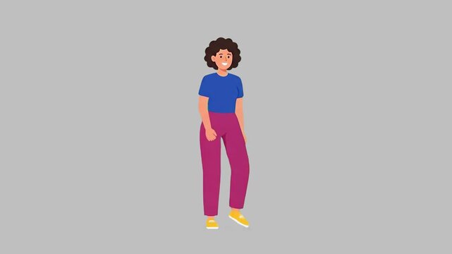 A 2D vector animation of a woman with curly hair dressed in a blue t-shirt and pink trousers standing in a casual pose. The friendly character smiles warmly against a neutral grey backdrop.