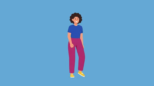 A 2D animated young woman with curly hair stands in place and dances happily against a solid blue background. This flat vector motion graphic is ideal for casual lifestyle, entertainment, or cheerful 